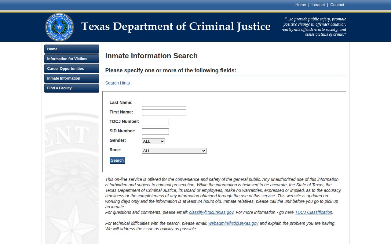 Texas Department of Criminal Justice offender search source